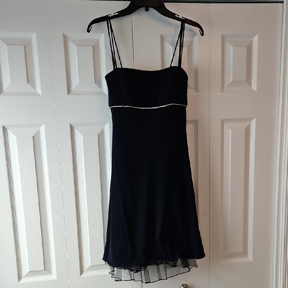 Blondie Nites Navy Blue Mini Dress with Sheer Hem